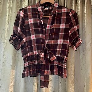 SOLD Wet Seal Brown & Pink Plaid Tie Gathered Waist Cropped Blouse